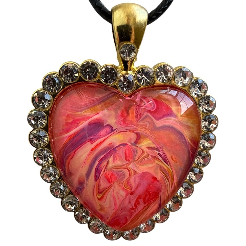 Handmade Coral Pink Heart Pendant Necklace Gold Rhinestone Halo Acrylic Pour